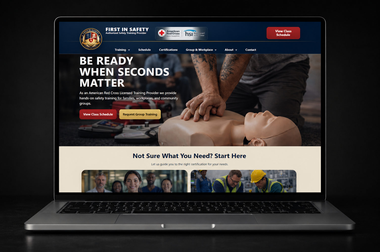 First In Safety website displayed on a laptop mockup
