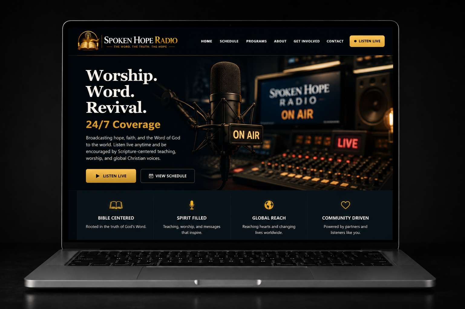 Spoken Hope Radio website displayed on a laptop mockup
